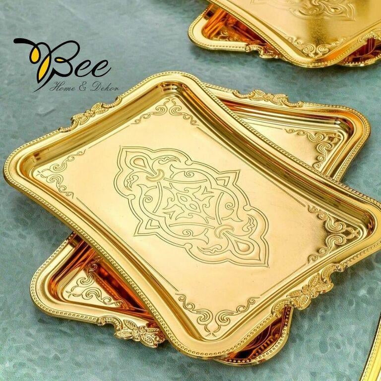 Bee Home & Dekor-Kahve Sunumluk Damat Ve Söz Tepsisi (Gold Kaplama)