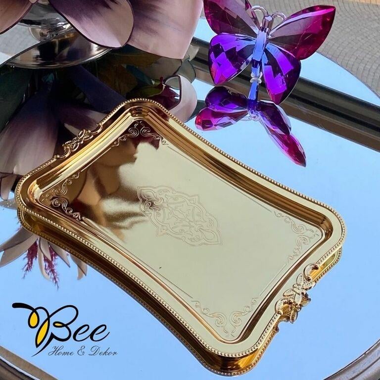 Bee Home & Dekor-Kahve Sunumluk Damat Ve Söz Tepsisi (Gold Kaplama)