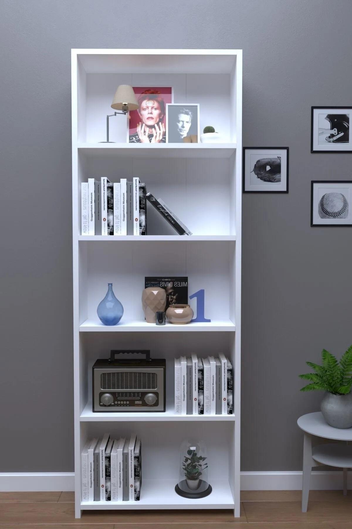 5 Raflı Kitaplık MDF Beyaz