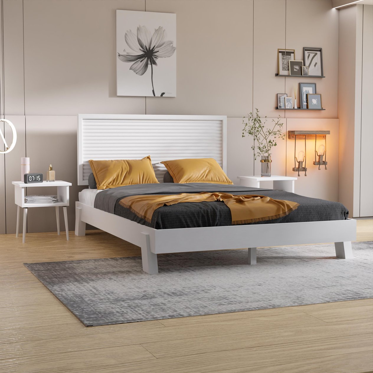 Ebruli Model Beyaz Renk Çam Ahşap Karyola Ve İki Komodin Set ( Dikey )