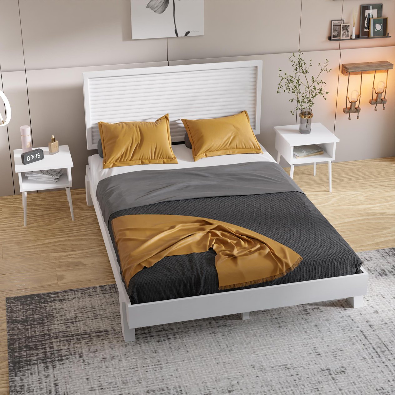Ebruli Model Beyaz Renk Çam Ahşap Karyola Ve İki Komodin Set ( Dikey )