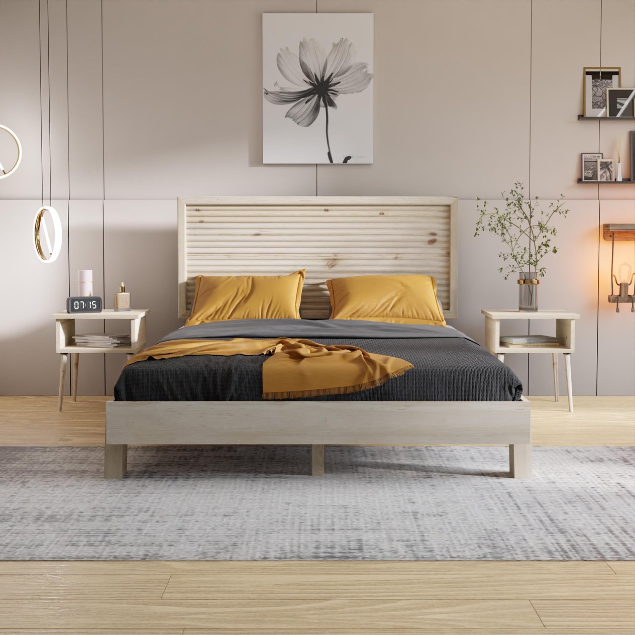 Ebruli Model Doğal Çam Ahşap Karyola Ve İki Komodin Set ( Dikey )