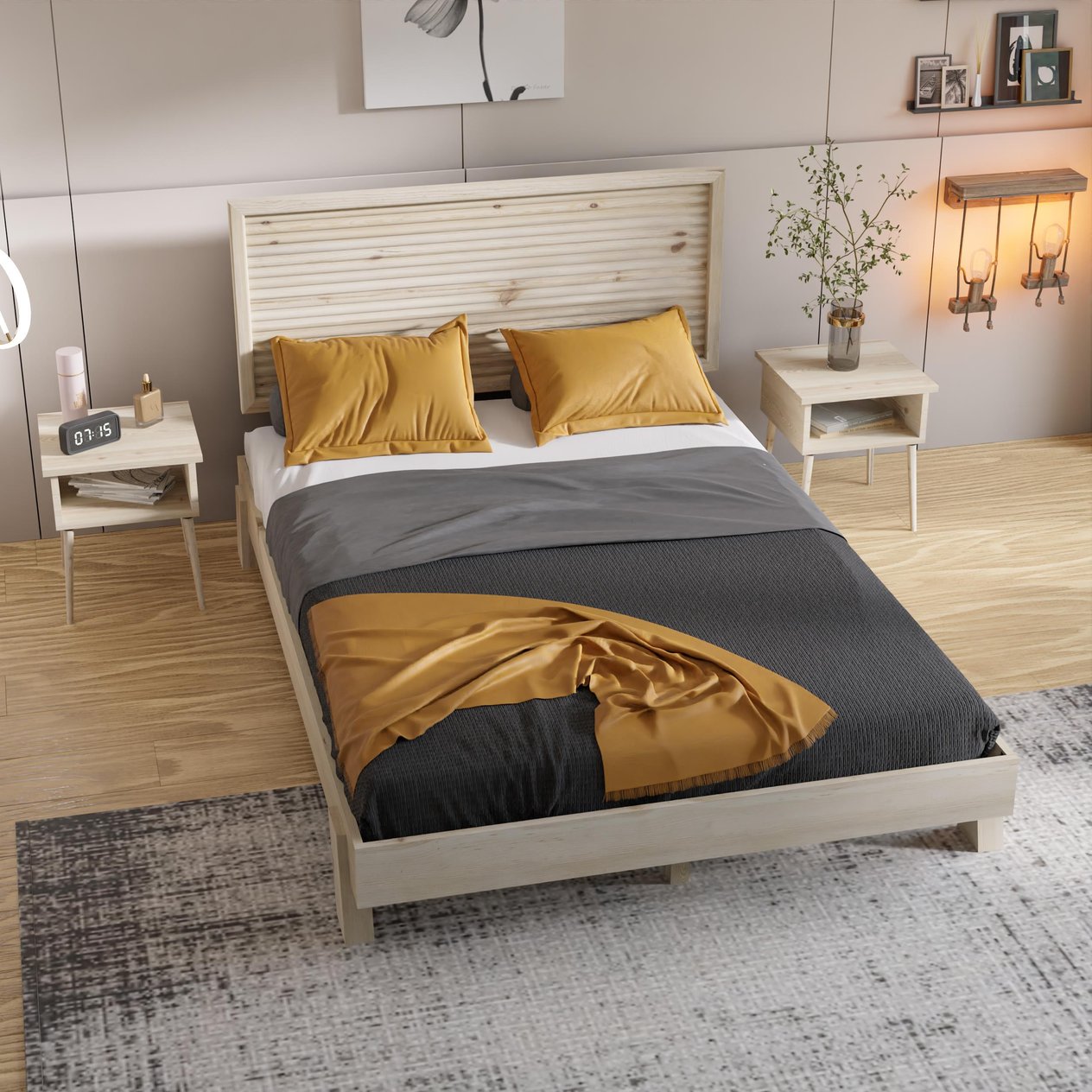 Ebruli Model Vernikli Çam Ahşap Karyola Ve İki Komodin Set ( Yatay )