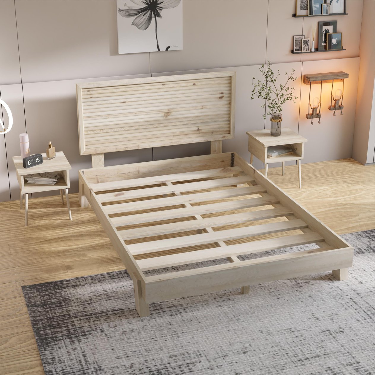 Ebruli Model Vernikli Çam Ahşap Karyola Ve İki Komodin Set ( Yatay )
