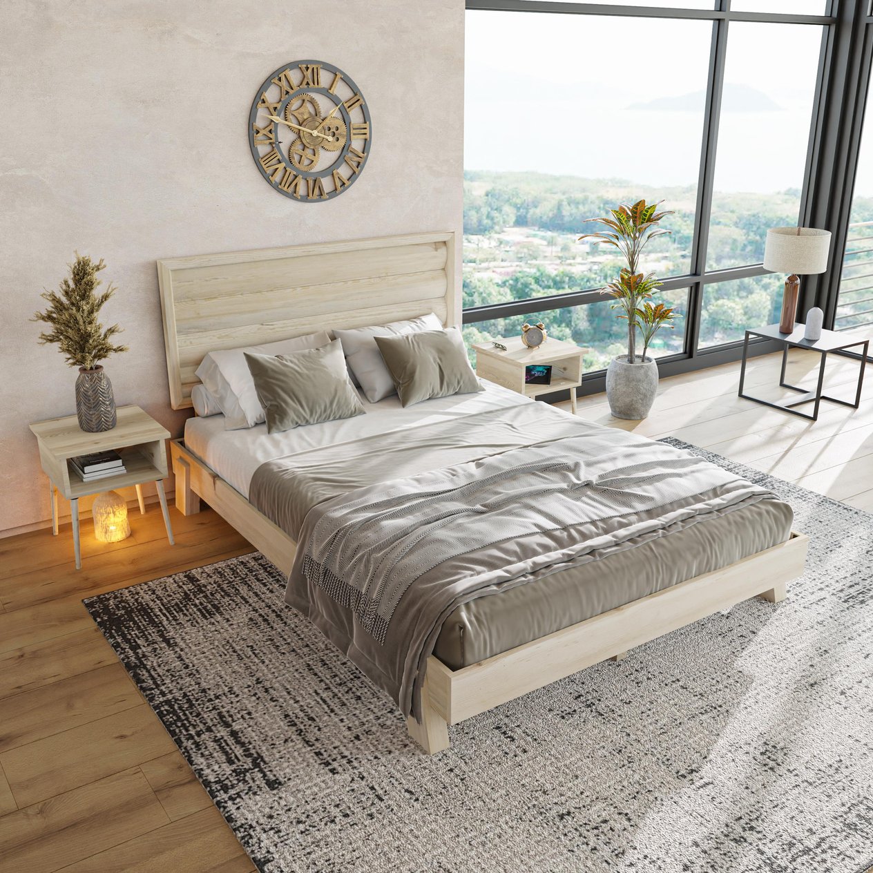 Hüma Model Doğal Çam Ahşap Karyola Ve İki Komodin Set ( Yatay )