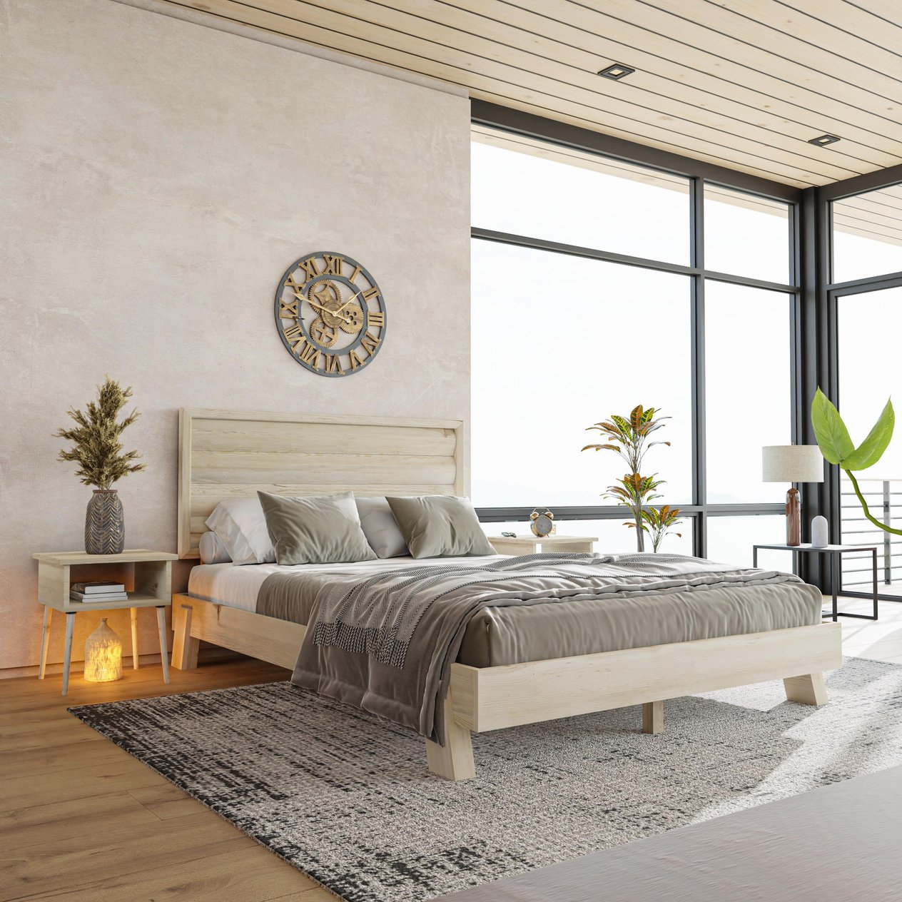 Hüma Model Doğal Çam Ahşap Karyola Ve İki Komodin Set ( Yatay )