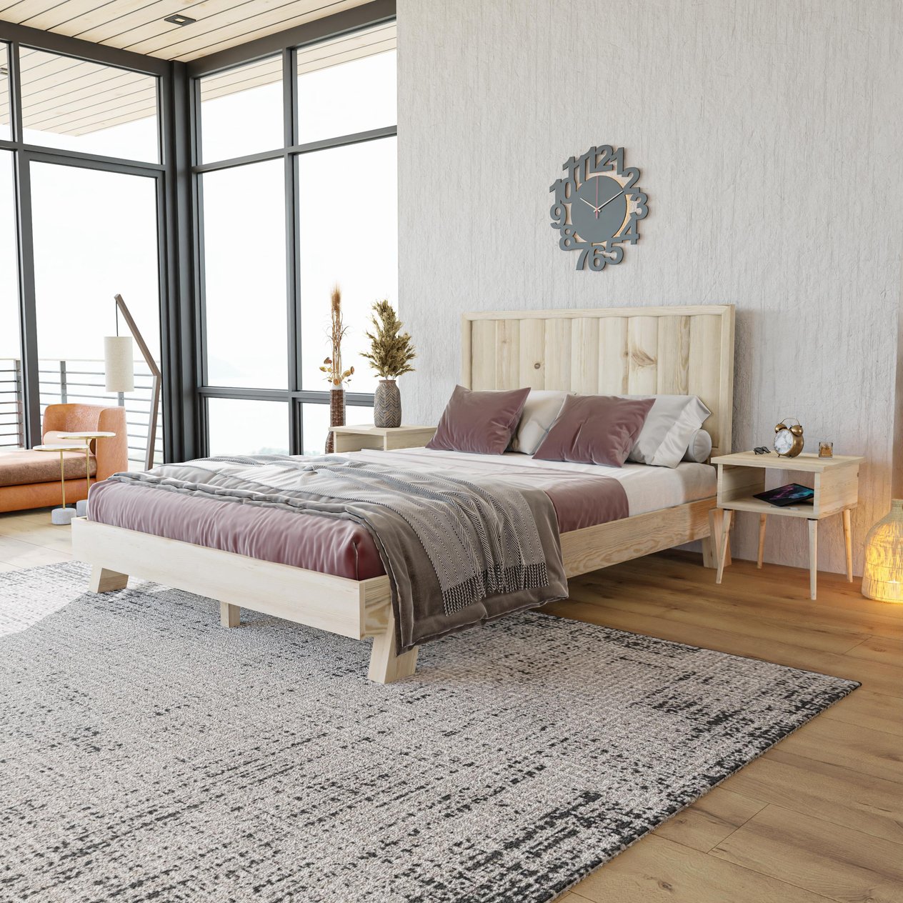 Hüma Model Vernikli Çam Ahşap Karyola Ve İki Komodin Set ( Dikey )