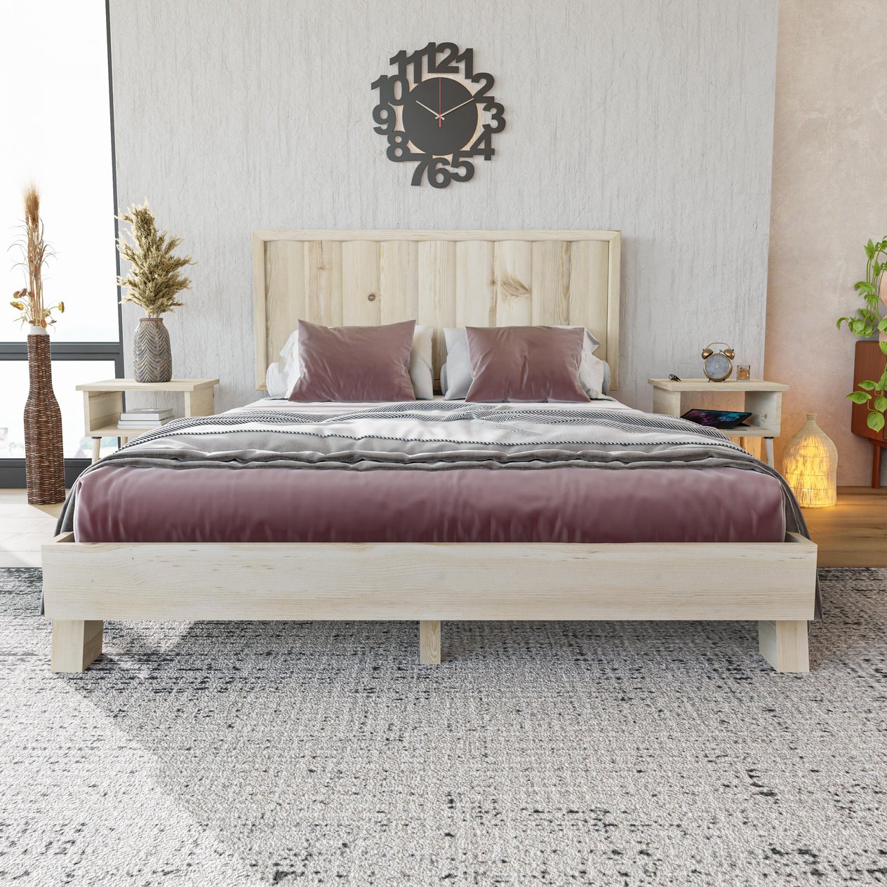 Hüma Model Vernikli Çam Ahşap Karyola Ve İki Komodin Set ( Dikey )