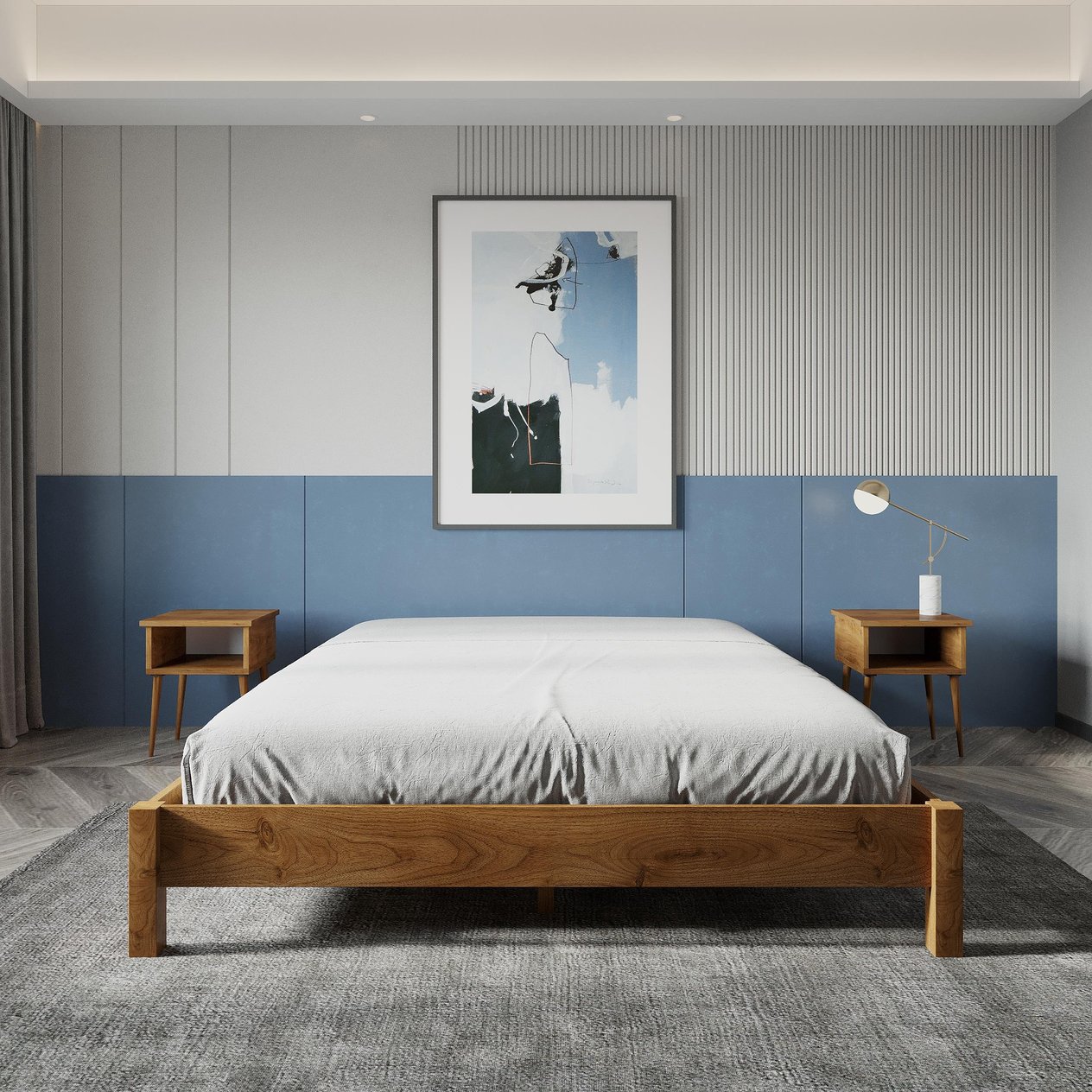 Loft Model Ceviz Renk Çam Ahşap Karyola Ve İki Komodin Set