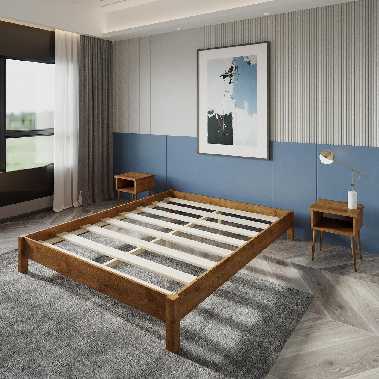 Loft Model Ceviz Renk Çam Ahşap Karyola Ve İki Komodin Set