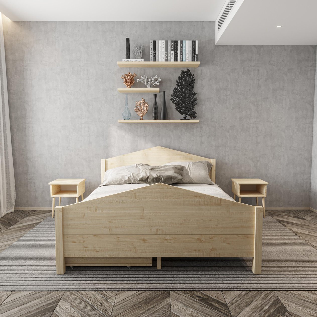 Milano Model İki Çekmeceli Doğal Çam Ahşap Karyola Ve İki Komodin Set