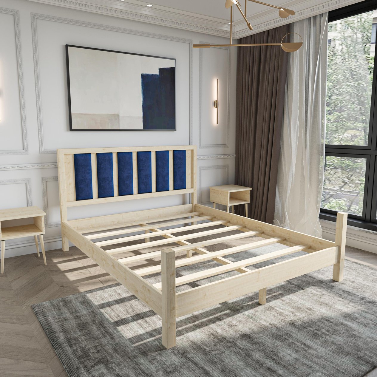 Orion Model Lacivert Renk Puflu Başlıklı Vernikli Çam Ahşap Karyola Ve İki Komodin Set