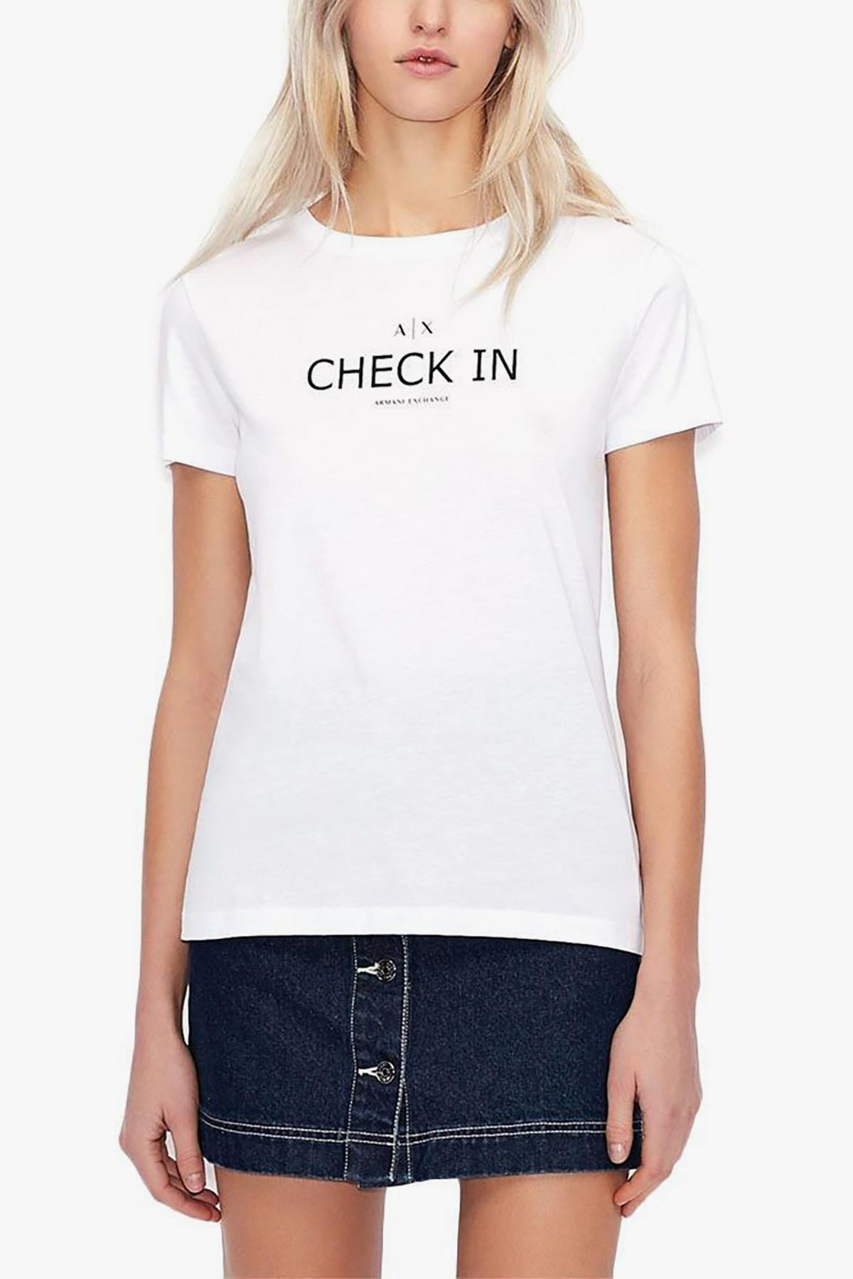 Armani Exchange Beyaz Check In Logo Kadın T-Shirt