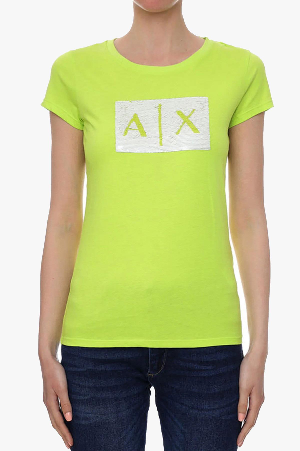 Armani Exchange Yeşil Pamuklu Slim Fit Bisiklet Yaka Bayan T-Shirt