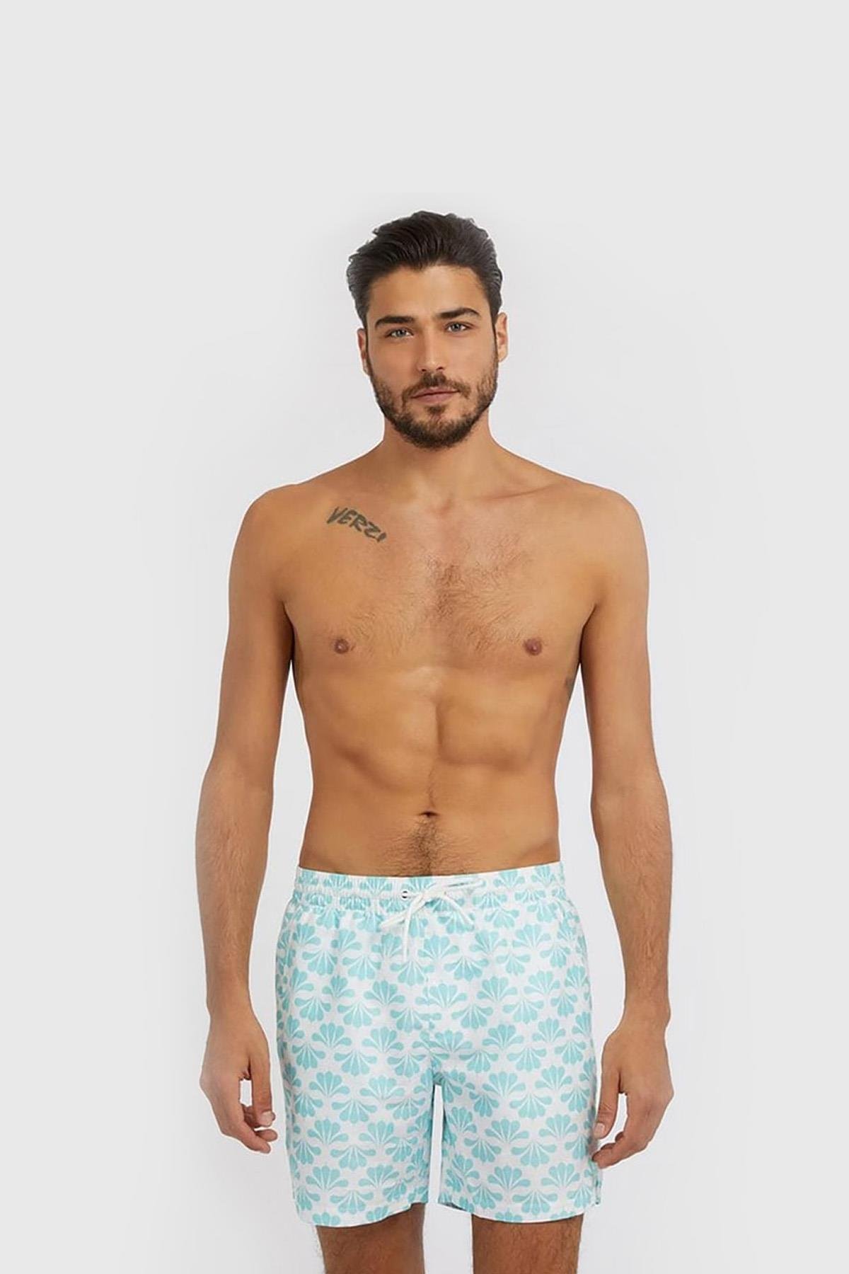 Guess Erkek All Over Print Mayo Deniz Şortu Beyaz Açık Mavi