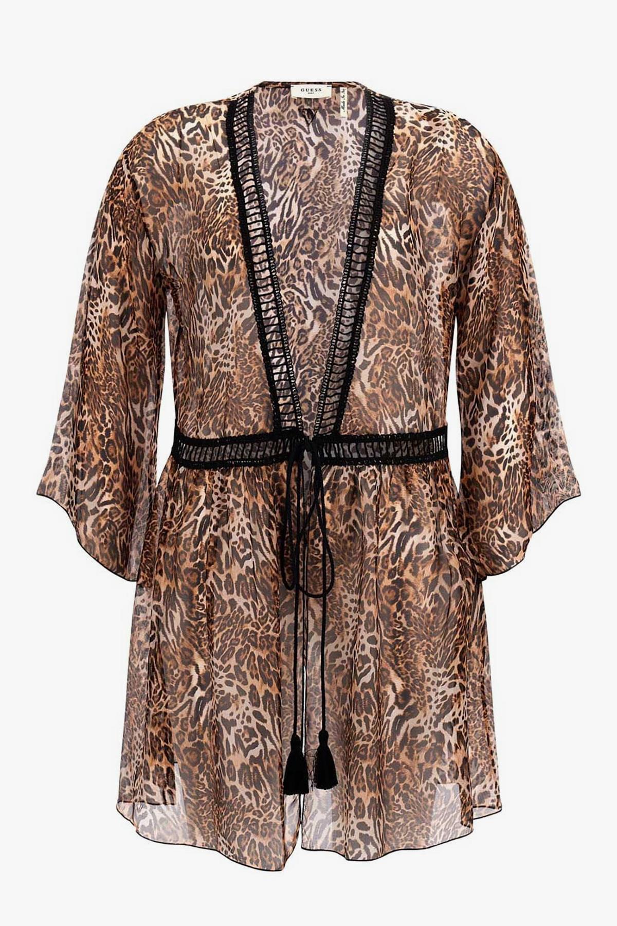 Guess İpek Karışımlı Leopar Desenli Kimono Bağlamalı Bayan Pareo E3GK06WE550