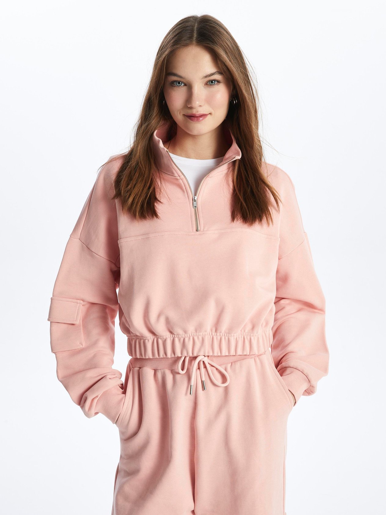 Hollywood-Yarım Fermuarlı Uzun Kol Parçalı Sweatshirt-Somon