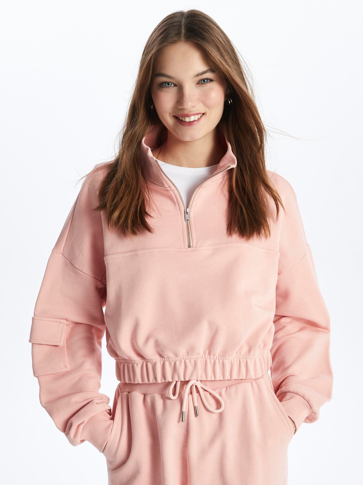 Hollywood-Yarım Fermuarlı Uzun Kol Parçalı Sweatshirt-Somon