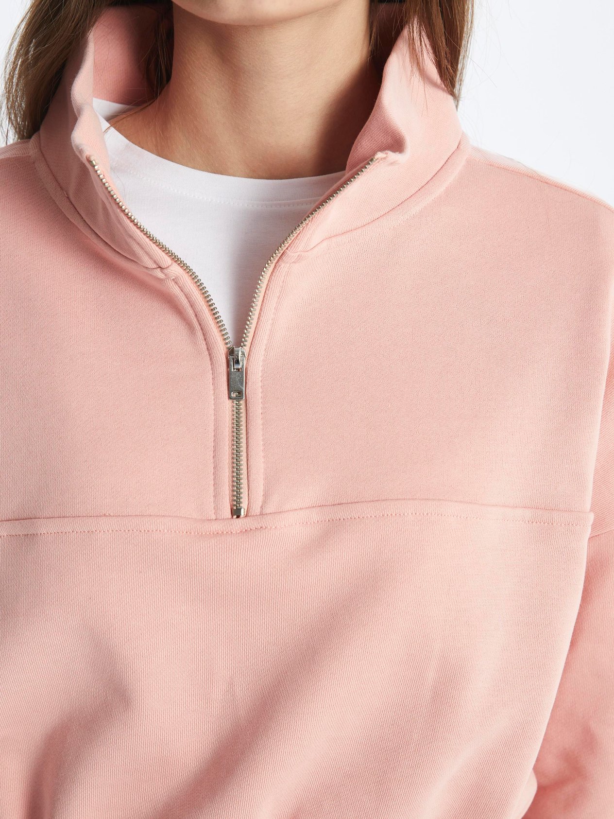 Hollywood-Yarım Fermuarlı Uzun Kol Parçalı Sweatshirt-Somon
