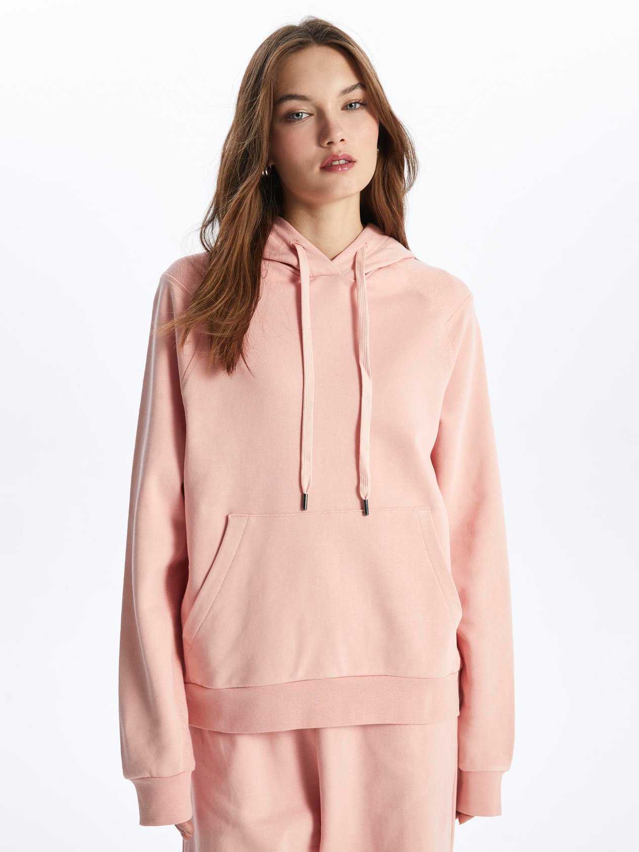 Porto-Kapuşonlu Uzun Kol Düz Sweatshirt-Somon