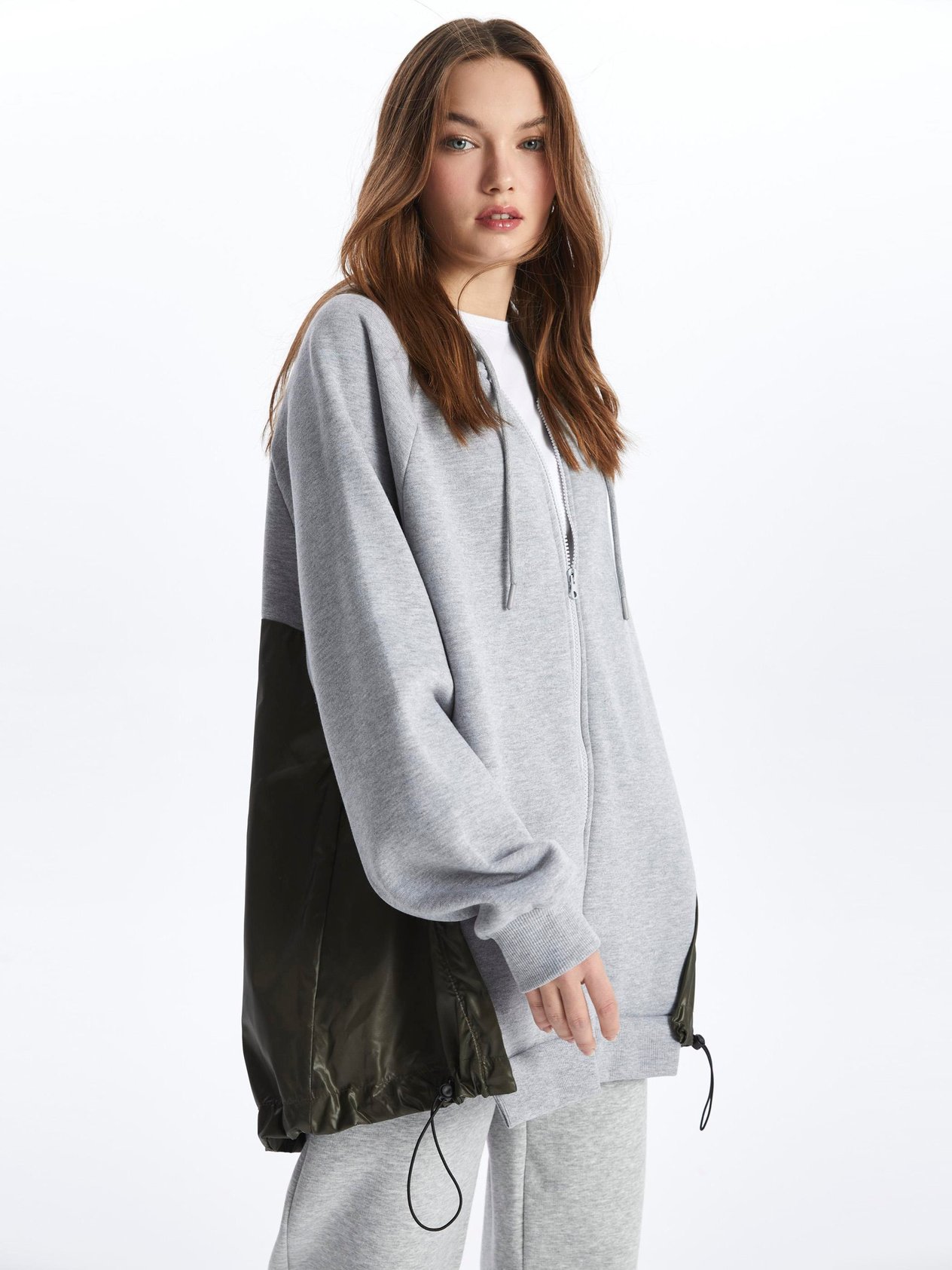 Tokyo-Fermuarlı Kapuşonlu Uzun Kol Parçalı Sweatshirt-Gri-Haki
