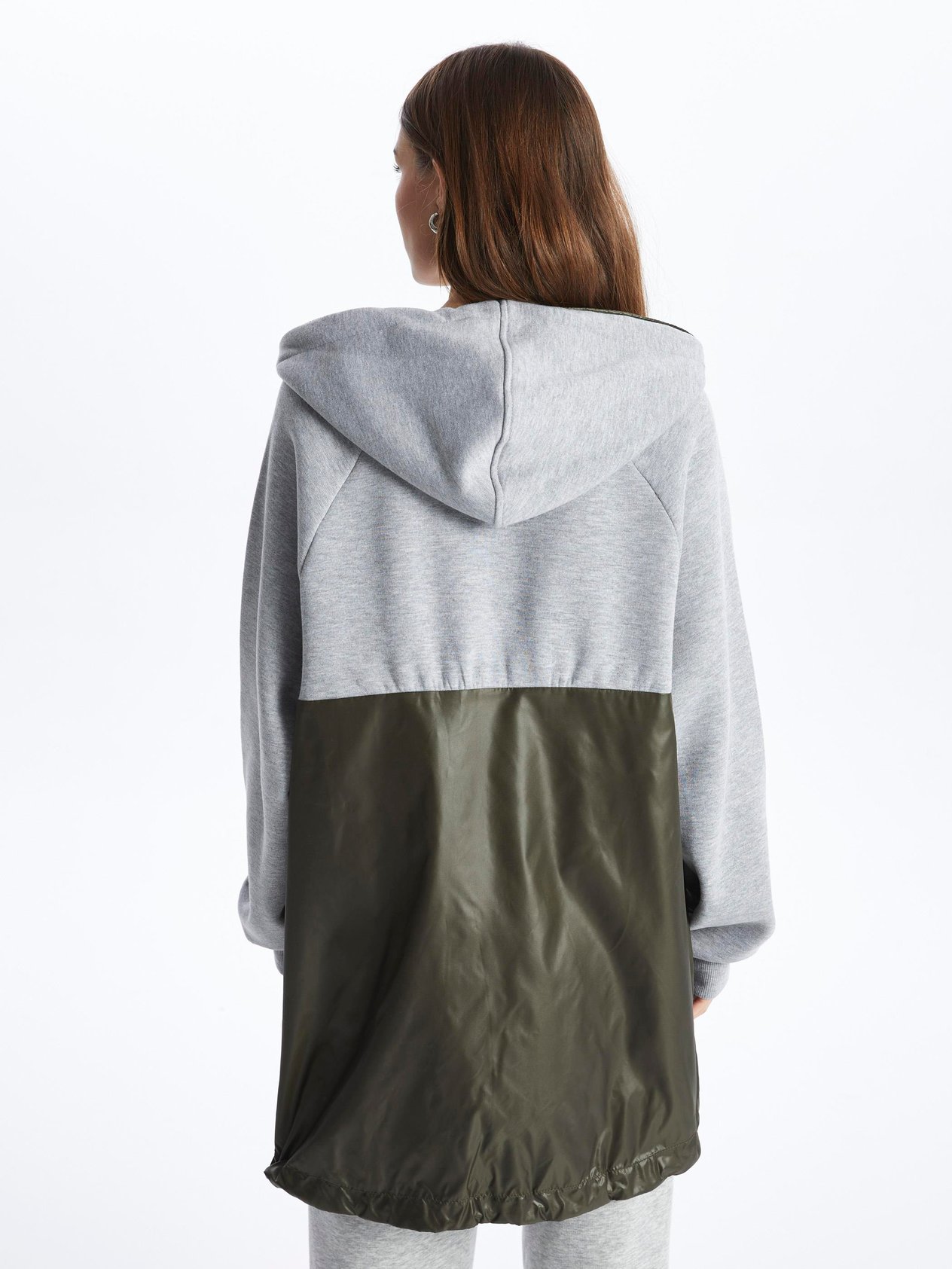 Tokyo-Fermuarlı Kapuşonlu Uzun Kol Parçalı Sweatshirt-Gri-Haki