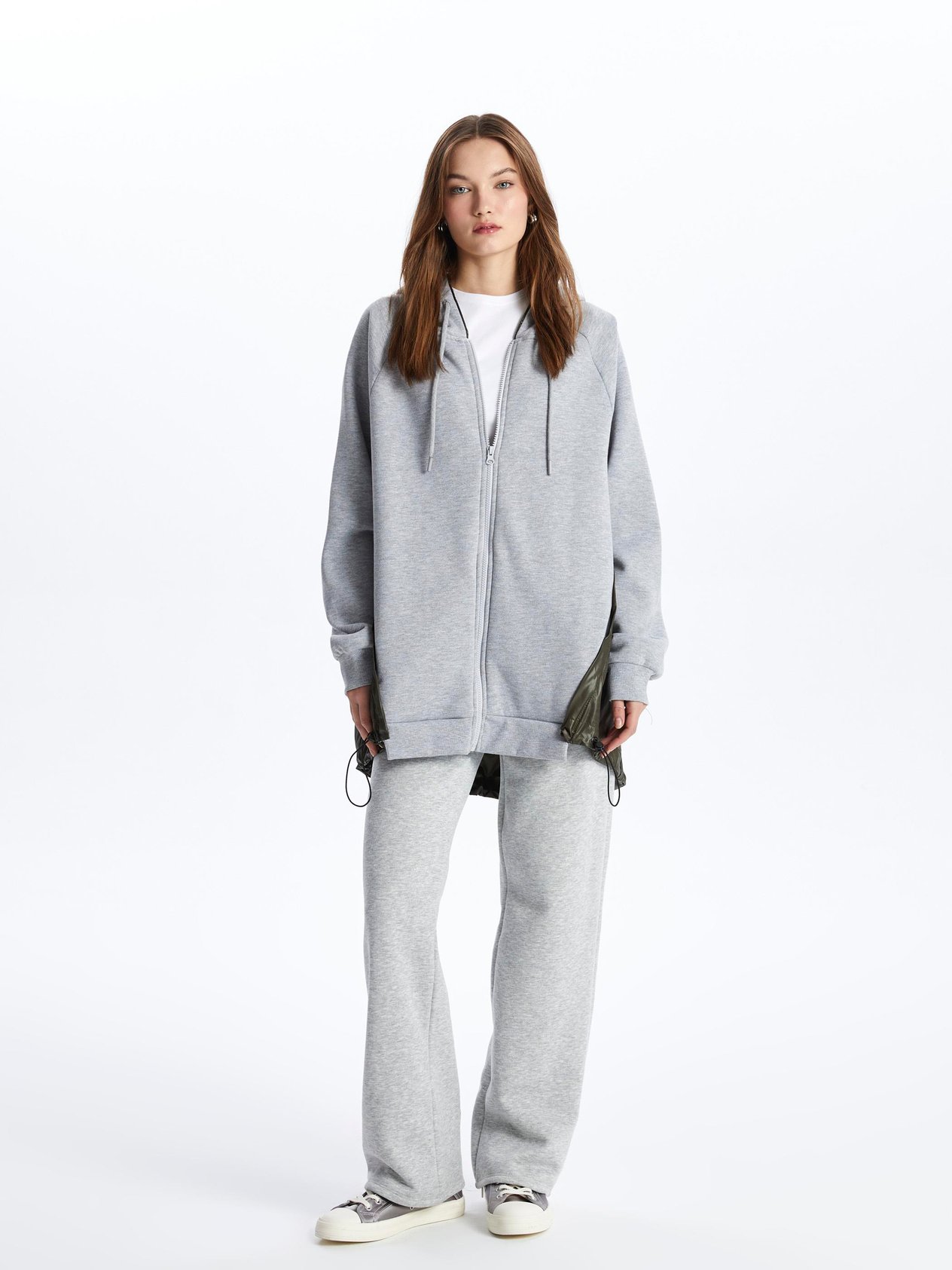 Tokyo-Fermuarlı Kapuşonlu Uzun Kol Parçalı Sweatshirt-Gri-Haki