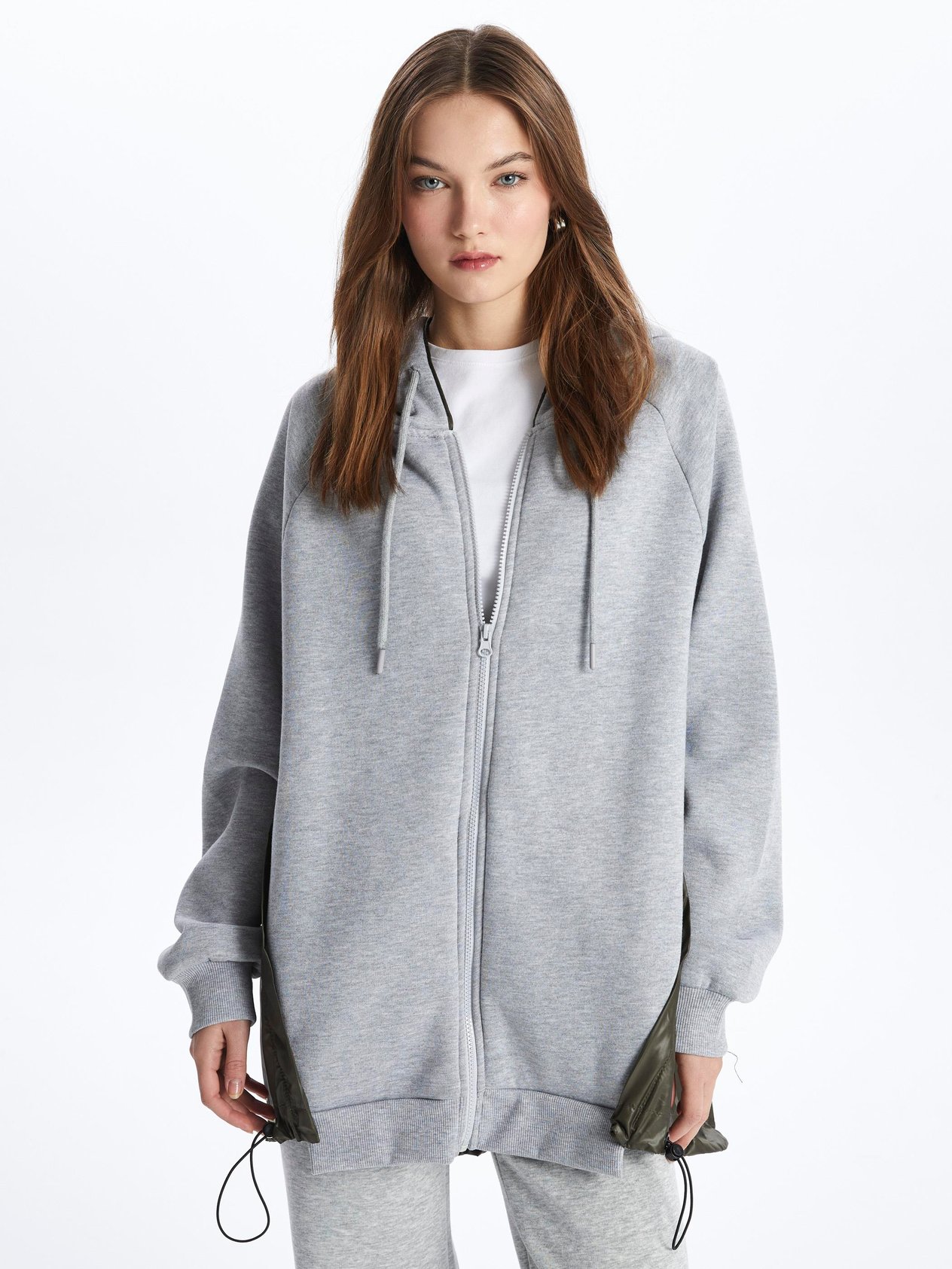Tokyo-Fermuarlı Kapuşonlu Uzun Kol Parçalı Sweatshirt-Gri-Haki
