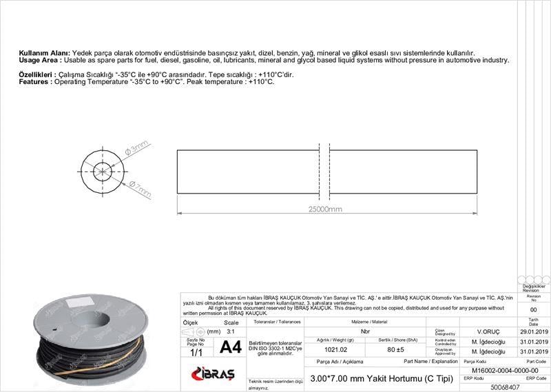 3.0mm x 7.0mm YAKIT HORTUMU ( Üniversal )C  TİPİ