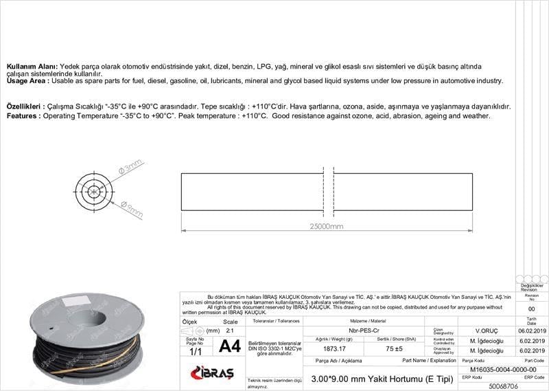 3.0mm x 9.0mm YAKIT HORTUMU ( Üniversal )E  TİPİ