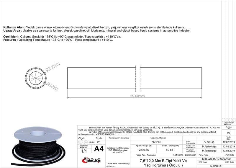 7.5mm x 12.0mmYAKIT HORTUMU ( Üniversal )B  TİPİ