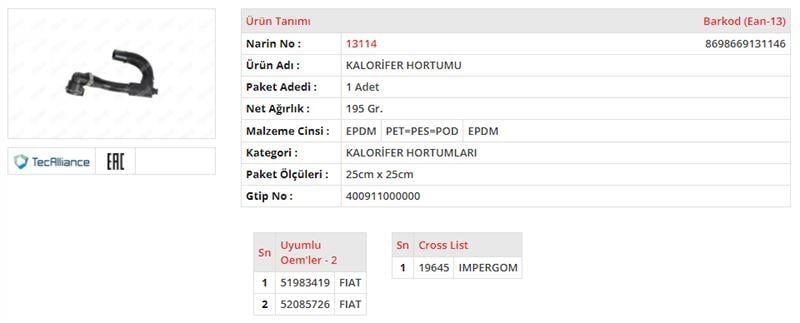 KALORİFER HORTUMU FIAT EGEA 1.3 MULTIJET