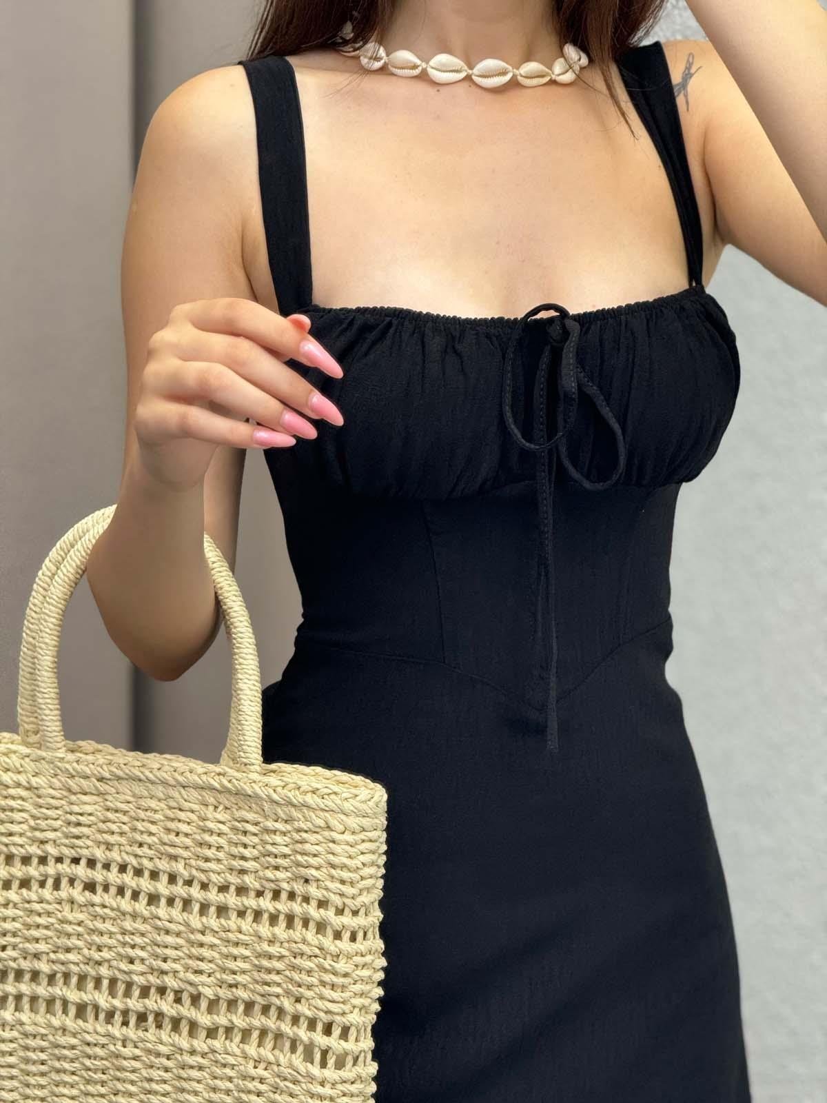 Sırt Drape Askılı Mini Siyah Elbise