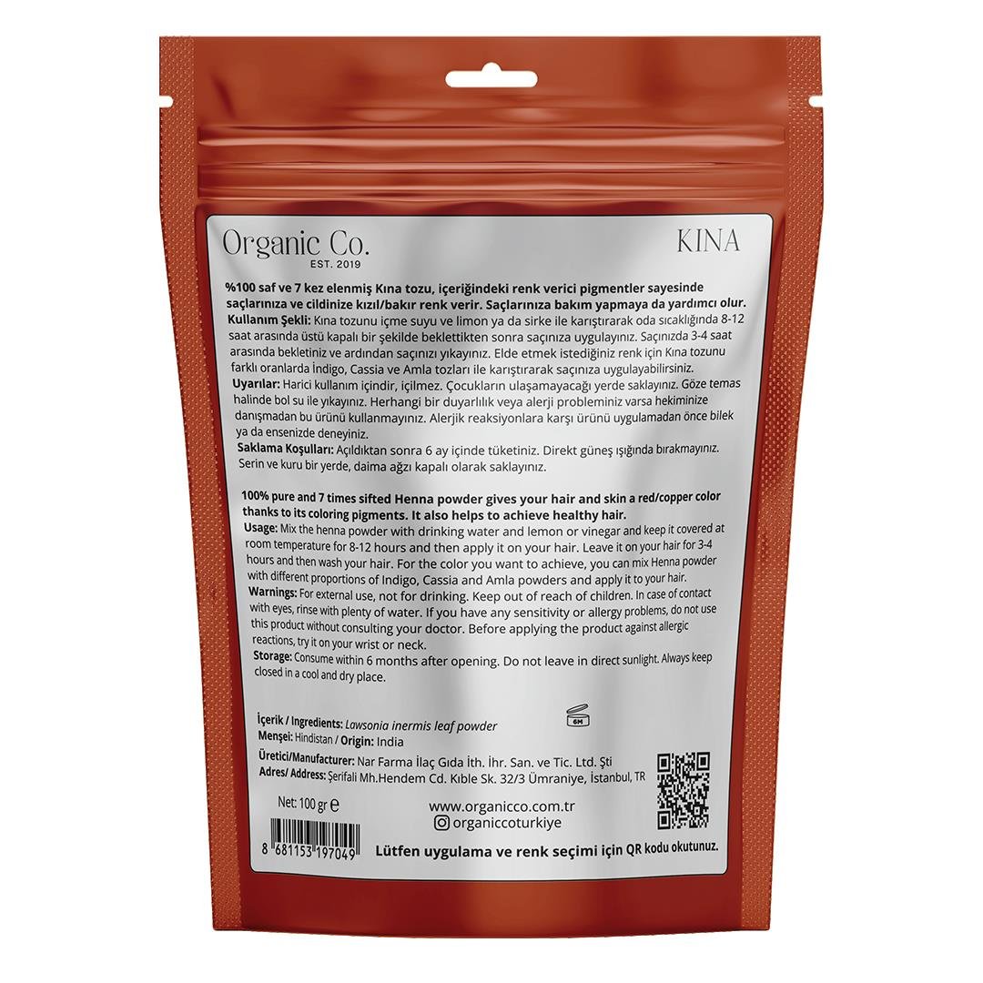  Organic Co. %100 Organik 7 Kez Elenmiş Saf Kına Tozu