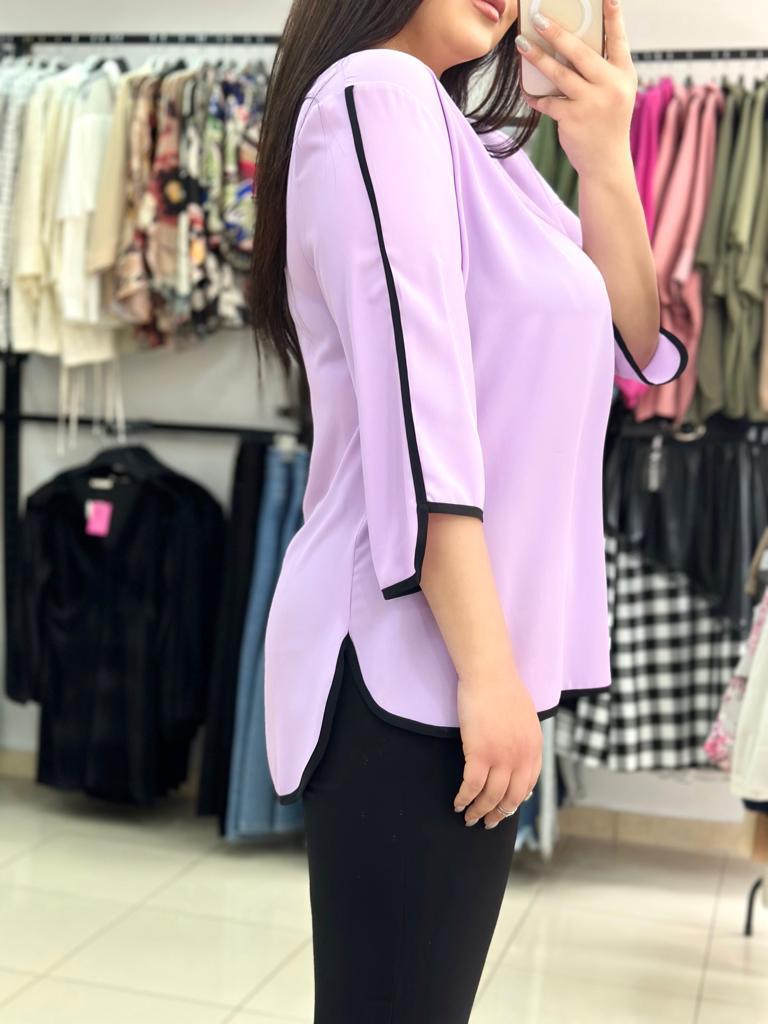 Büyük Beden Bisiklet Yaka Siyah Çizgi Detaylı Bluz - Lila 