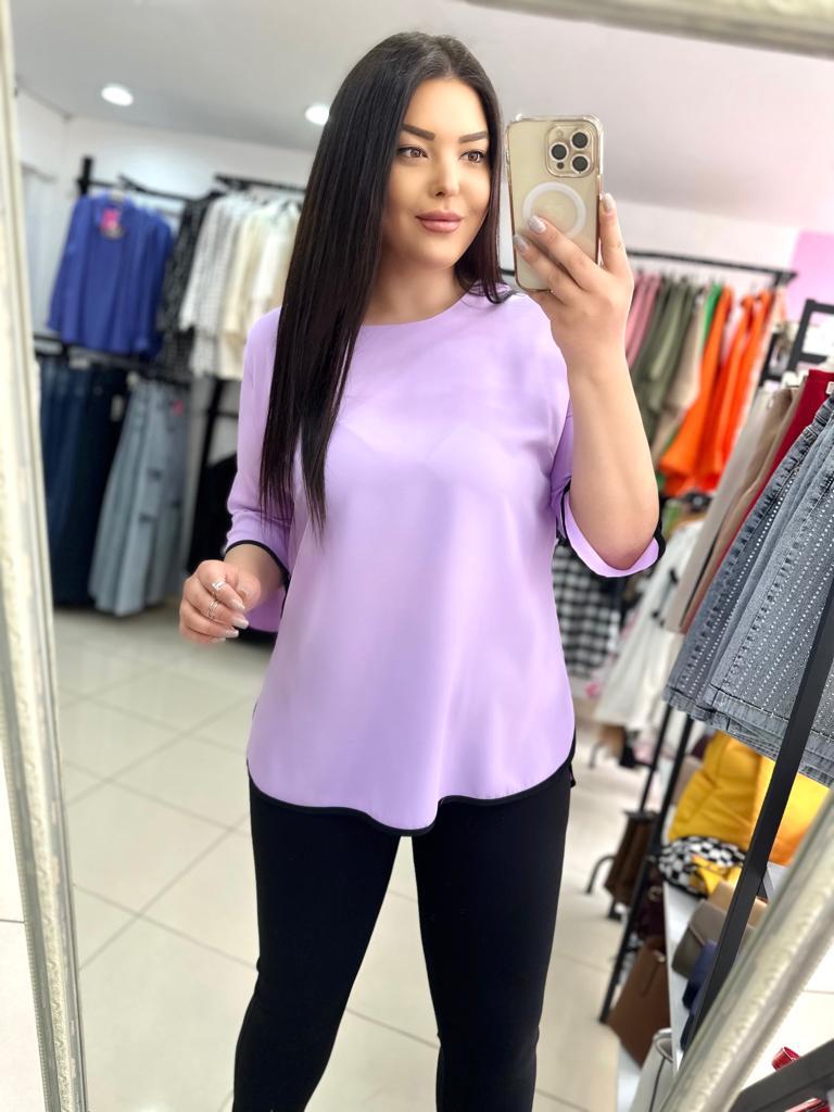 Büyük Beden Bisiklet Yaka Siyah Çizgi Detaylı Bluz - Lila 