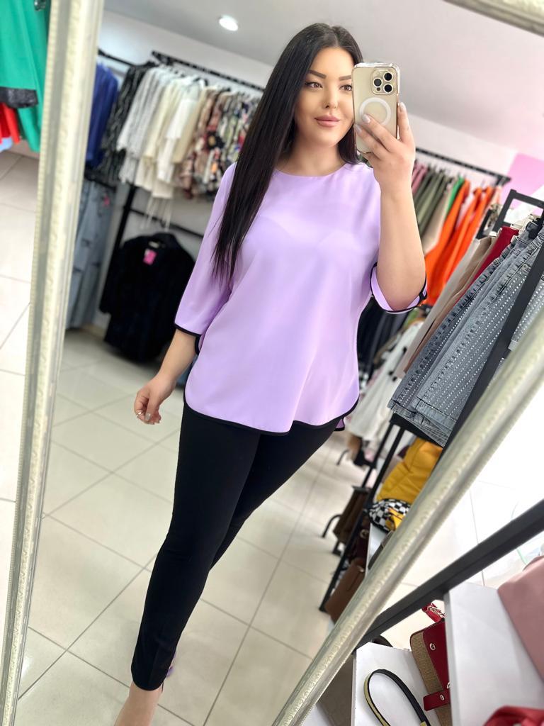 Büyük Beden Bisiklet Yaka Siyah Çizgi Detaylı Bluz - Lila 