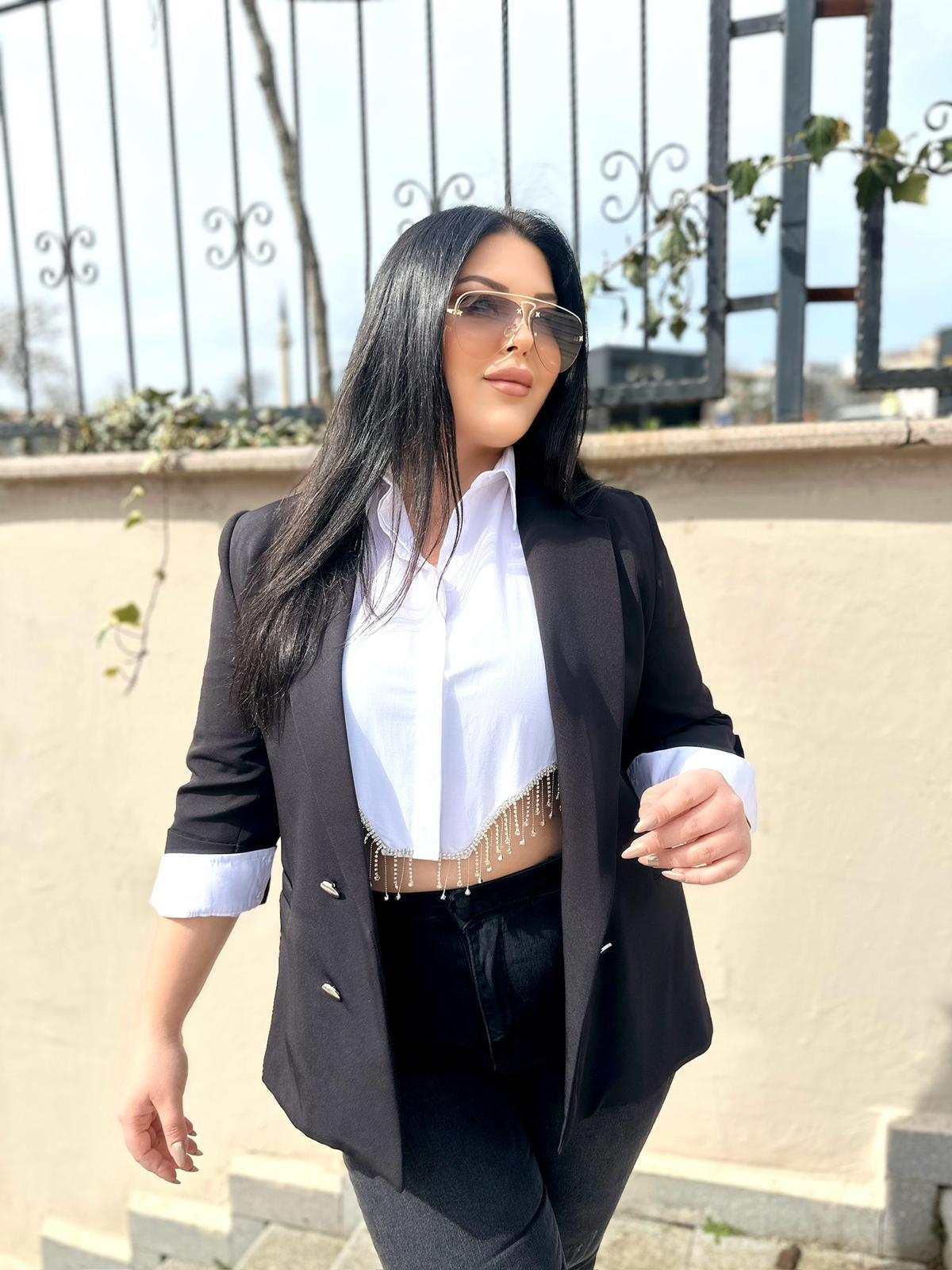 Büyük Beden Gümüş Düğmeli Blazer Kadın Ceket - Siyah 