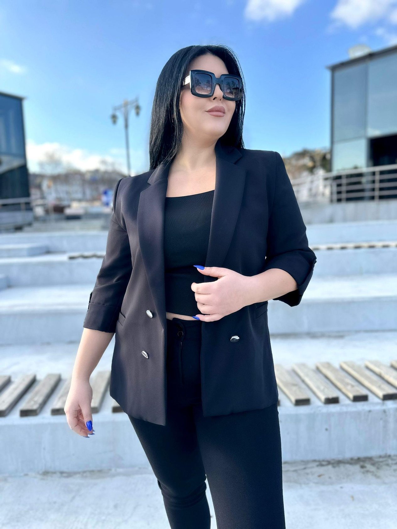 Büyük Beden Gümüş Düğmeli Blazer Kadın Ceket - Siyah 