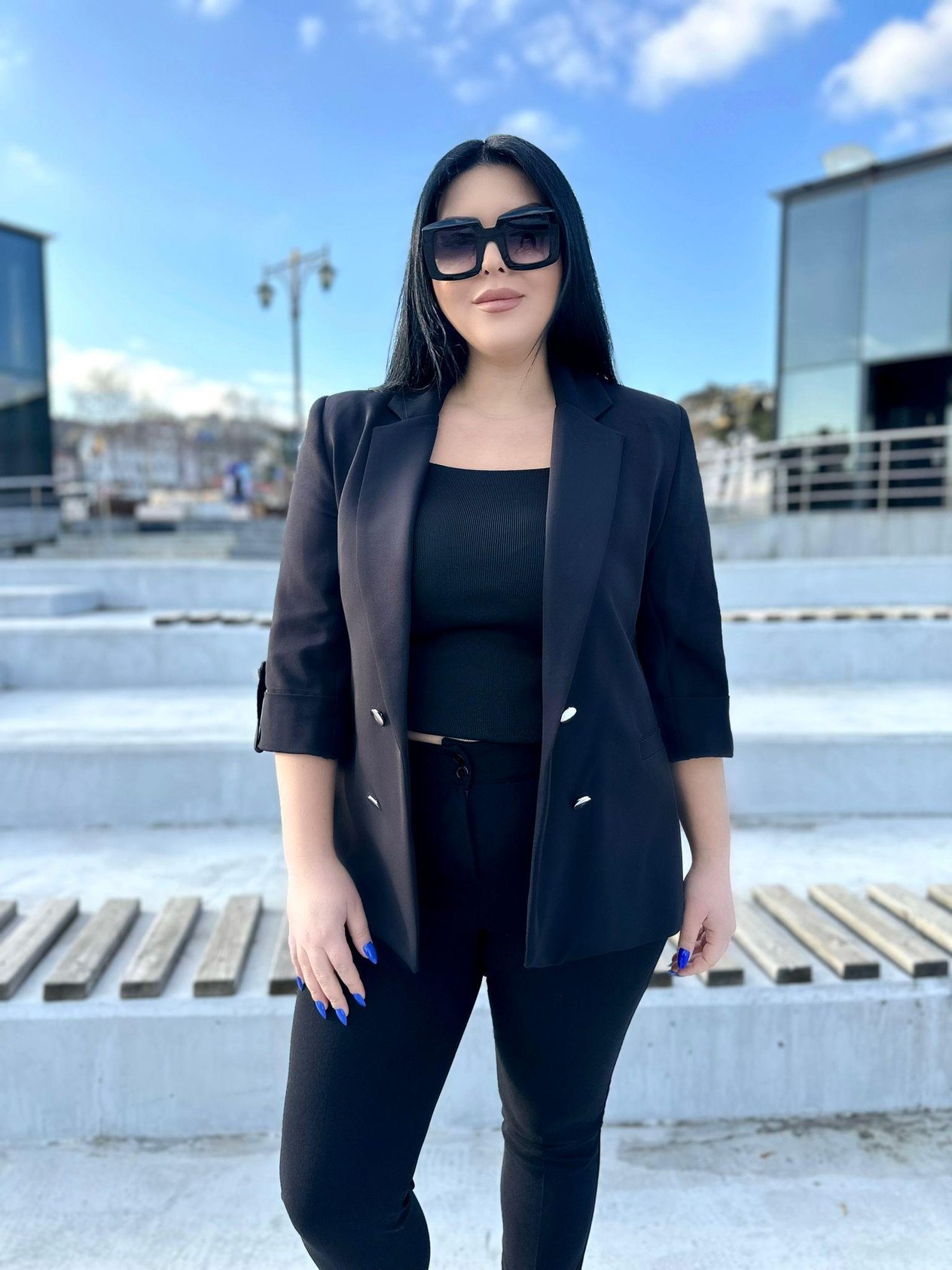 Büyük Beden Gümüş Düğmeli Blazer Kadın Ceket - Siyah 