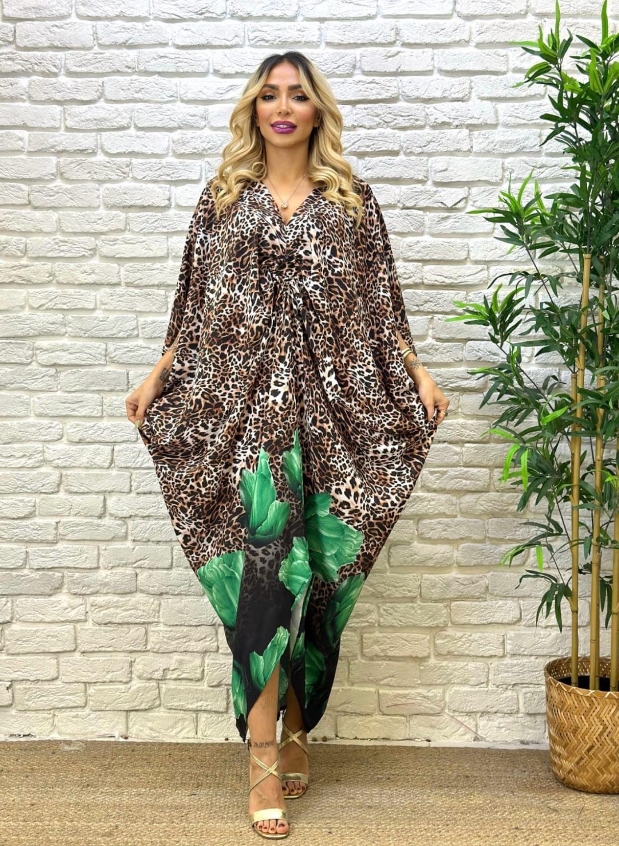 Büyük Beden Leopar Desenli çiçek Detaylı Elbise - Yeşil 
