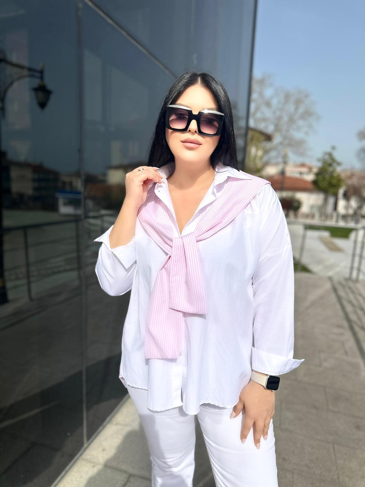 Büyük Beden Pamuklu Bağlama Detaylı Kadın Gömlek - Pembe 