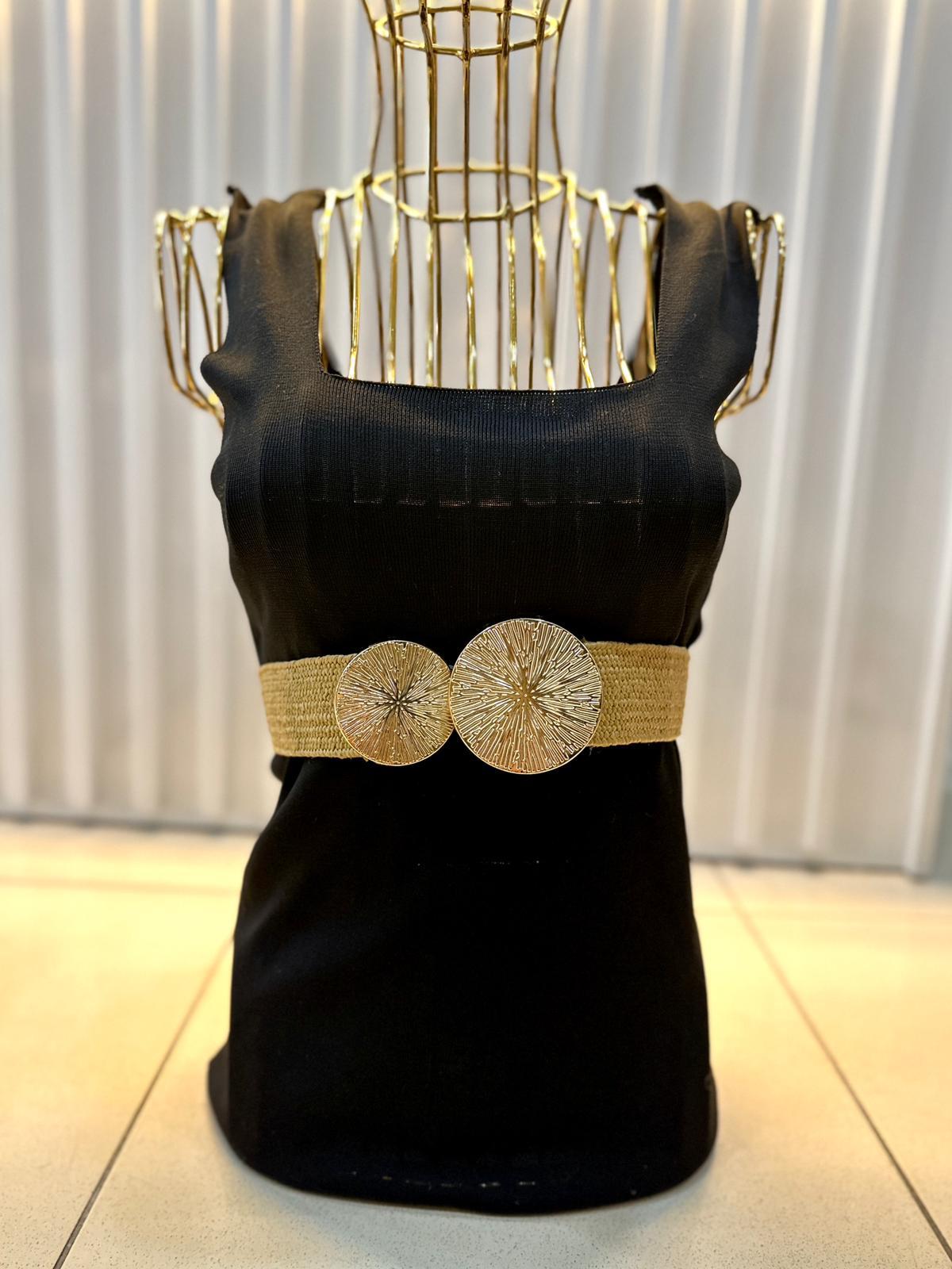 Gold Hasır Tokalı Lastikli Kadın Kemer - Krem
