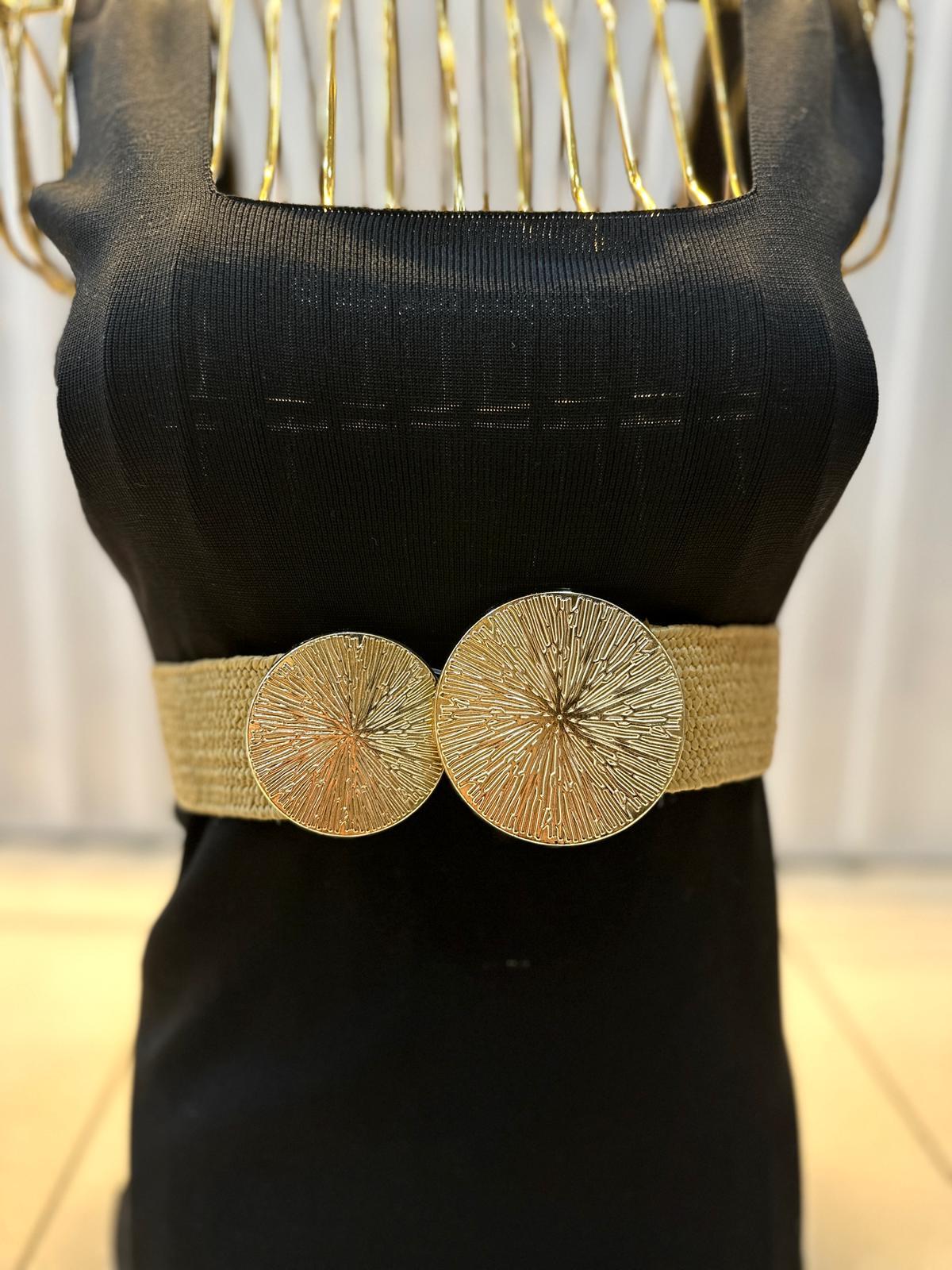 Gold Hasır Tokalı Lastikli Kadın Kemer - Krem