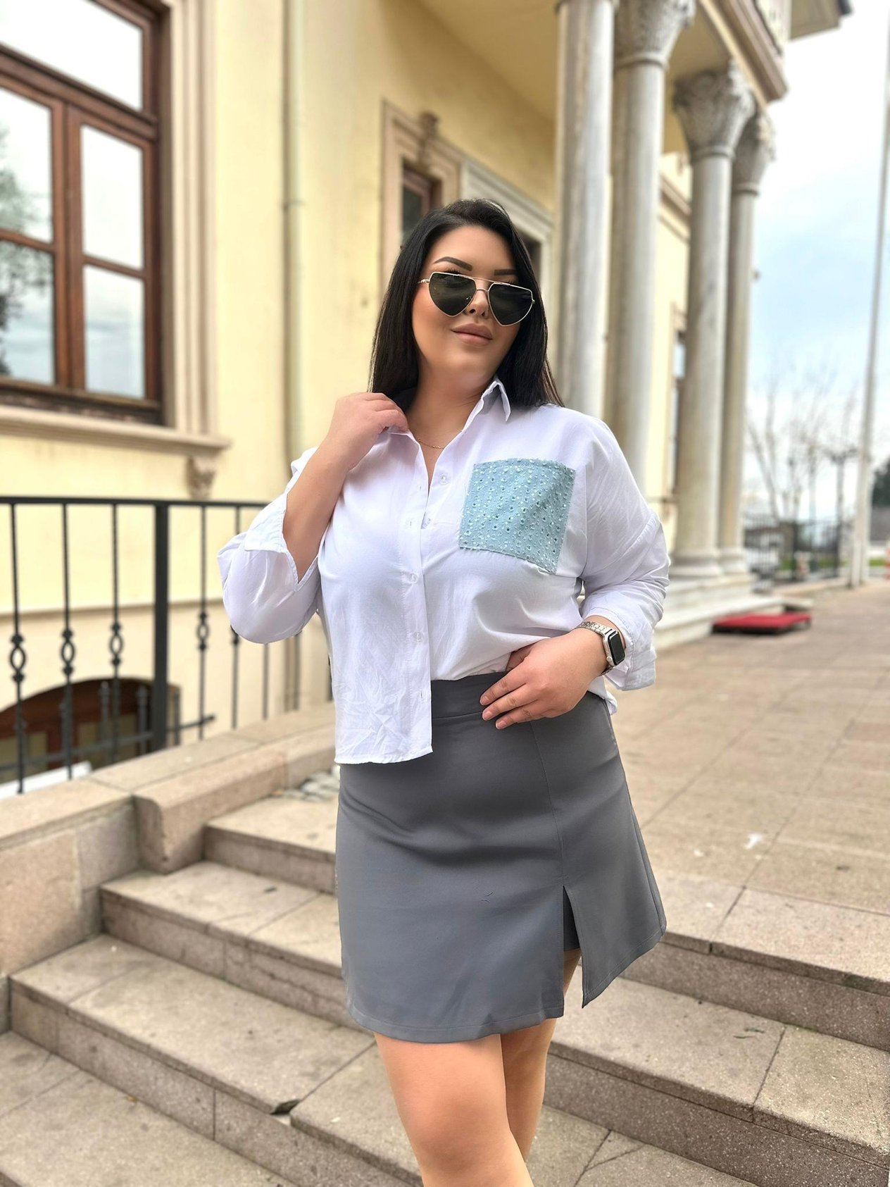 Oversize Cep detaylı Jean Desenli Kadın Gömlek - Beyaz