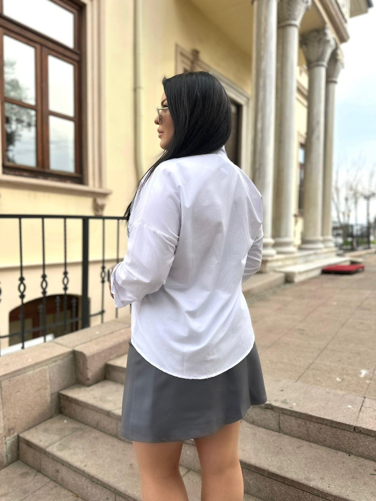Oversize Cep detaylı Jean Desenli Kadın Gömlek - Beyaz