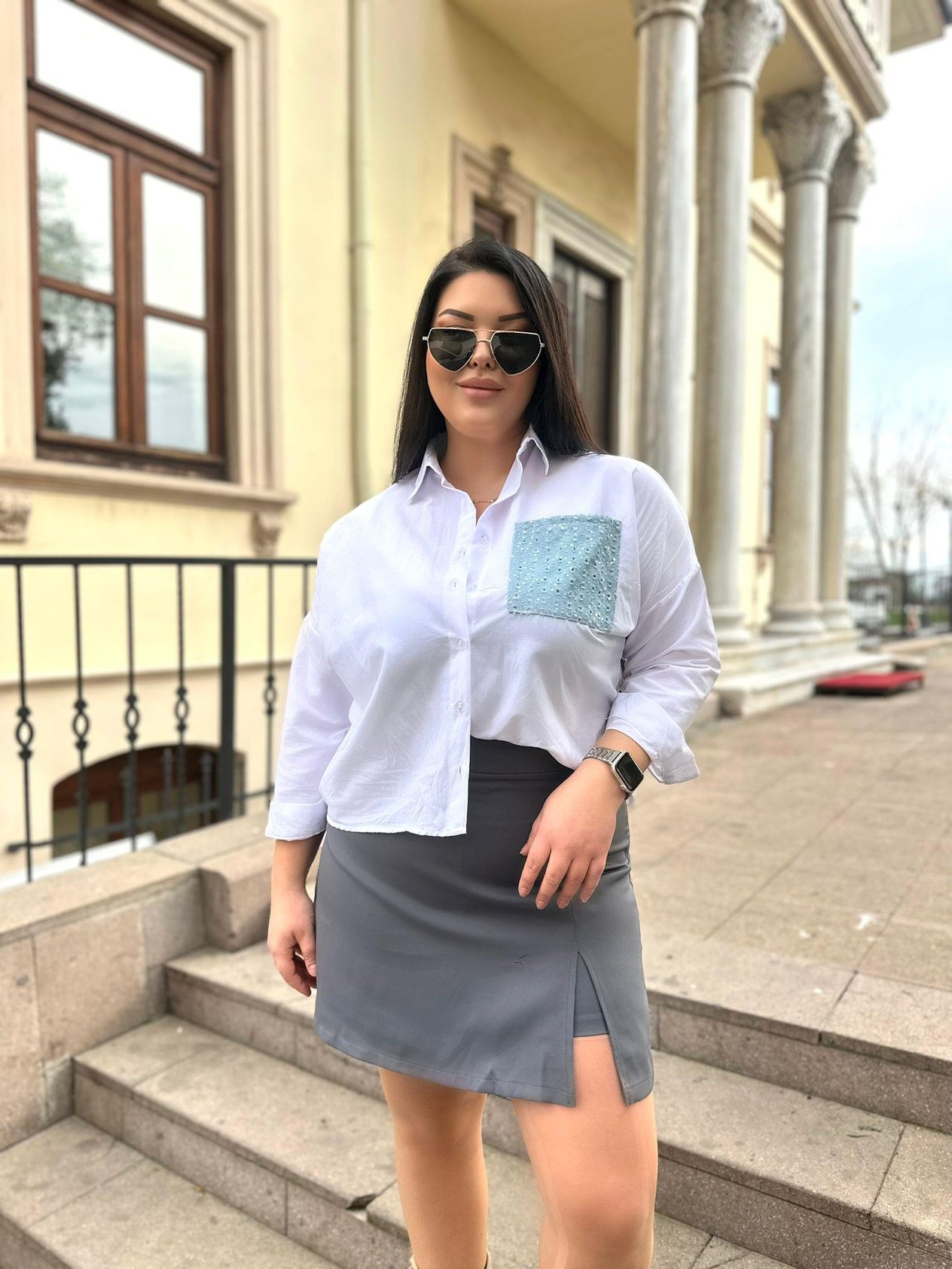 Oversize Cep detaylı Jean Desenli Kadın Gömlek - Beyaz