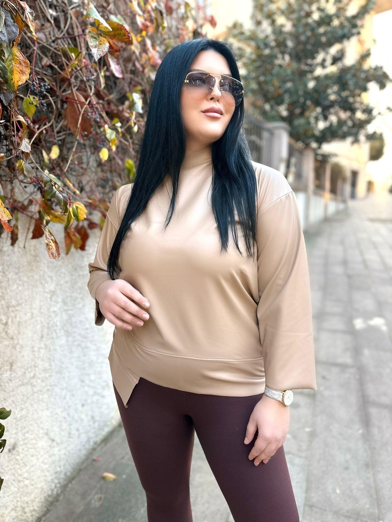 Oversize Şardonlu Deri Detaylı Kadın Sweatshirt - Camel 