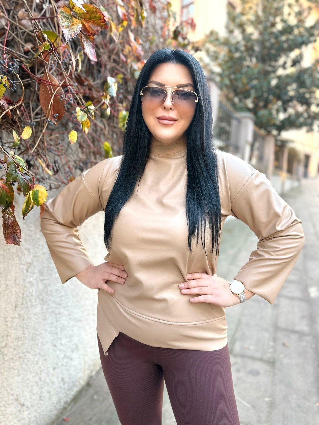 Oversize Şardonlu Deri Detaylı Kadın Sweatshirt - Camel 