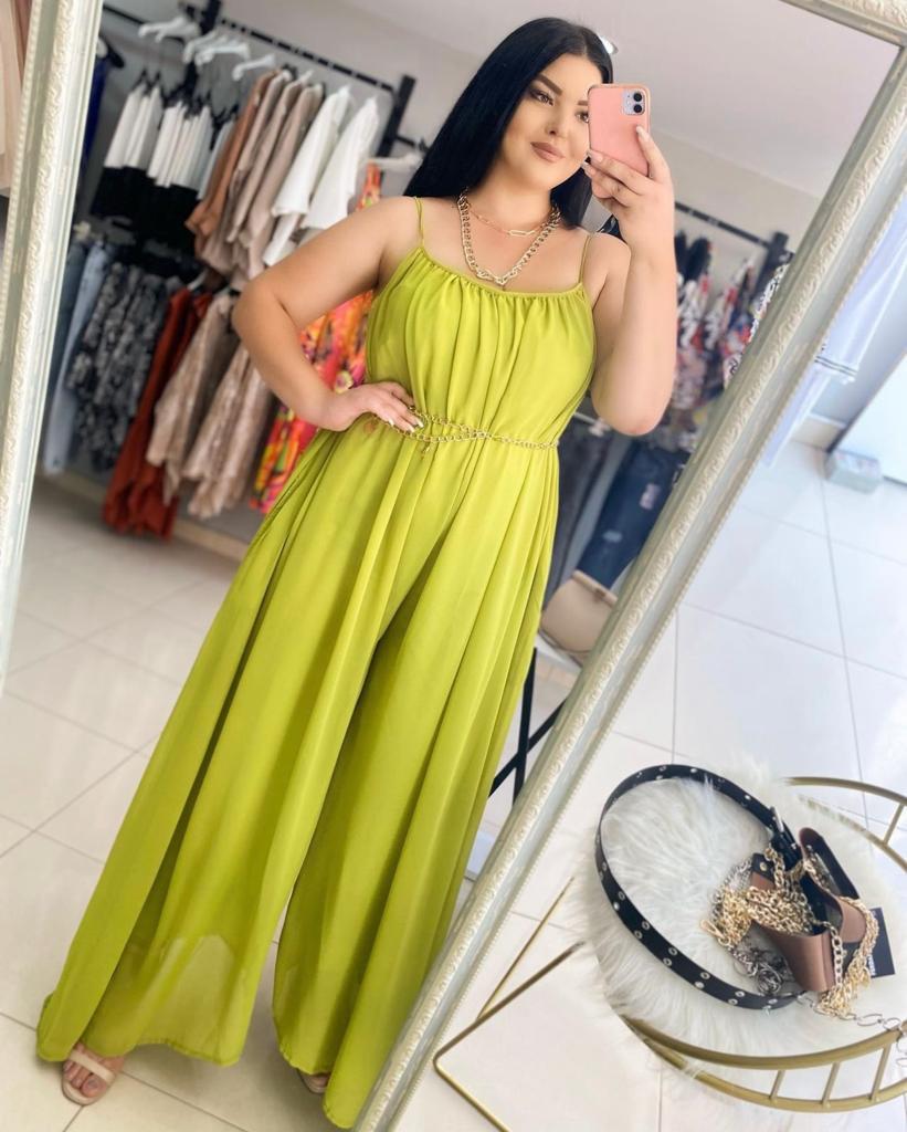 Oversize Şifon Askılı Cep detaylı Tulum - Yağ yeşili 